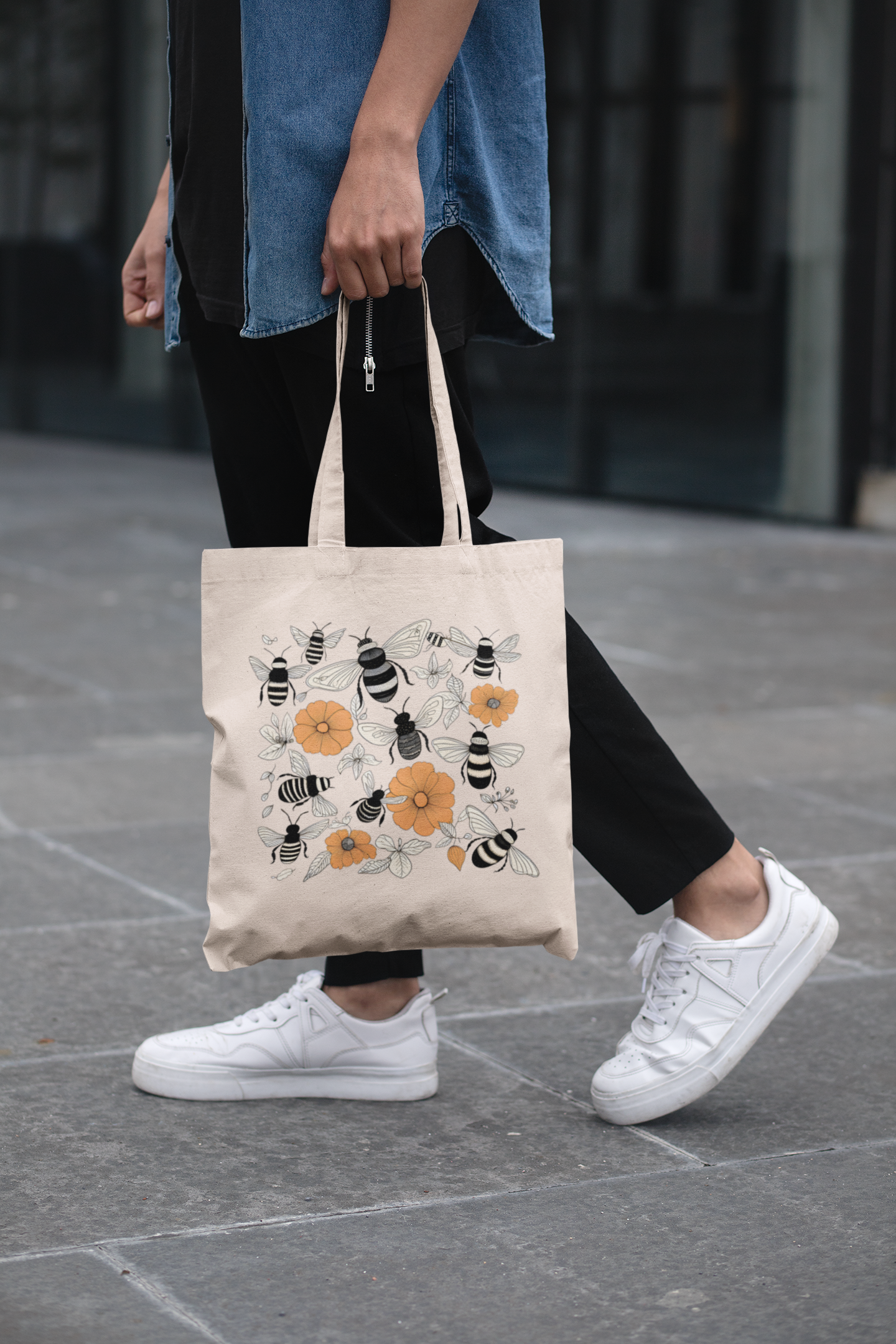 Bees and Flowers Canvas Tote Bag